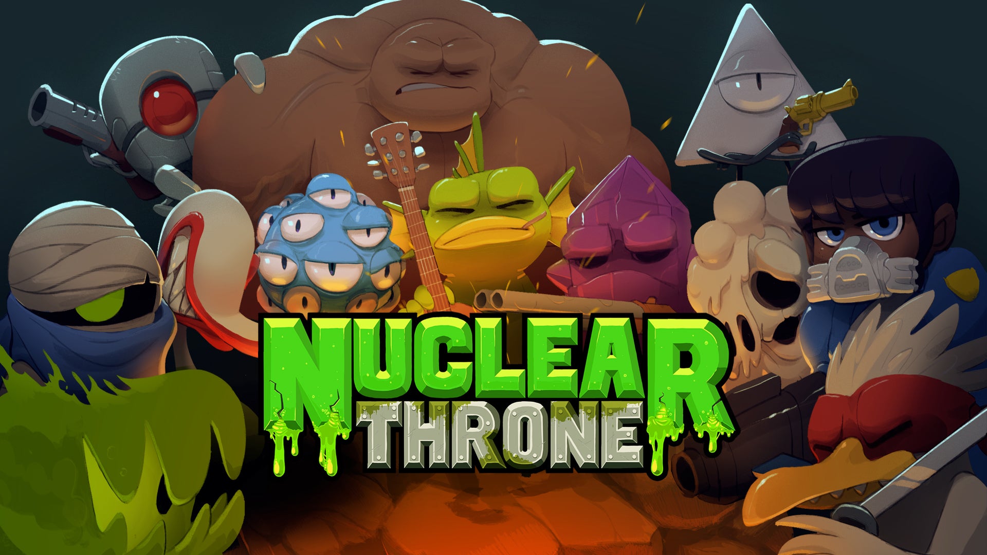 Nuclear Throne key art showing a number of strange mutant creatures, the logo superimposed in front of them. - 1