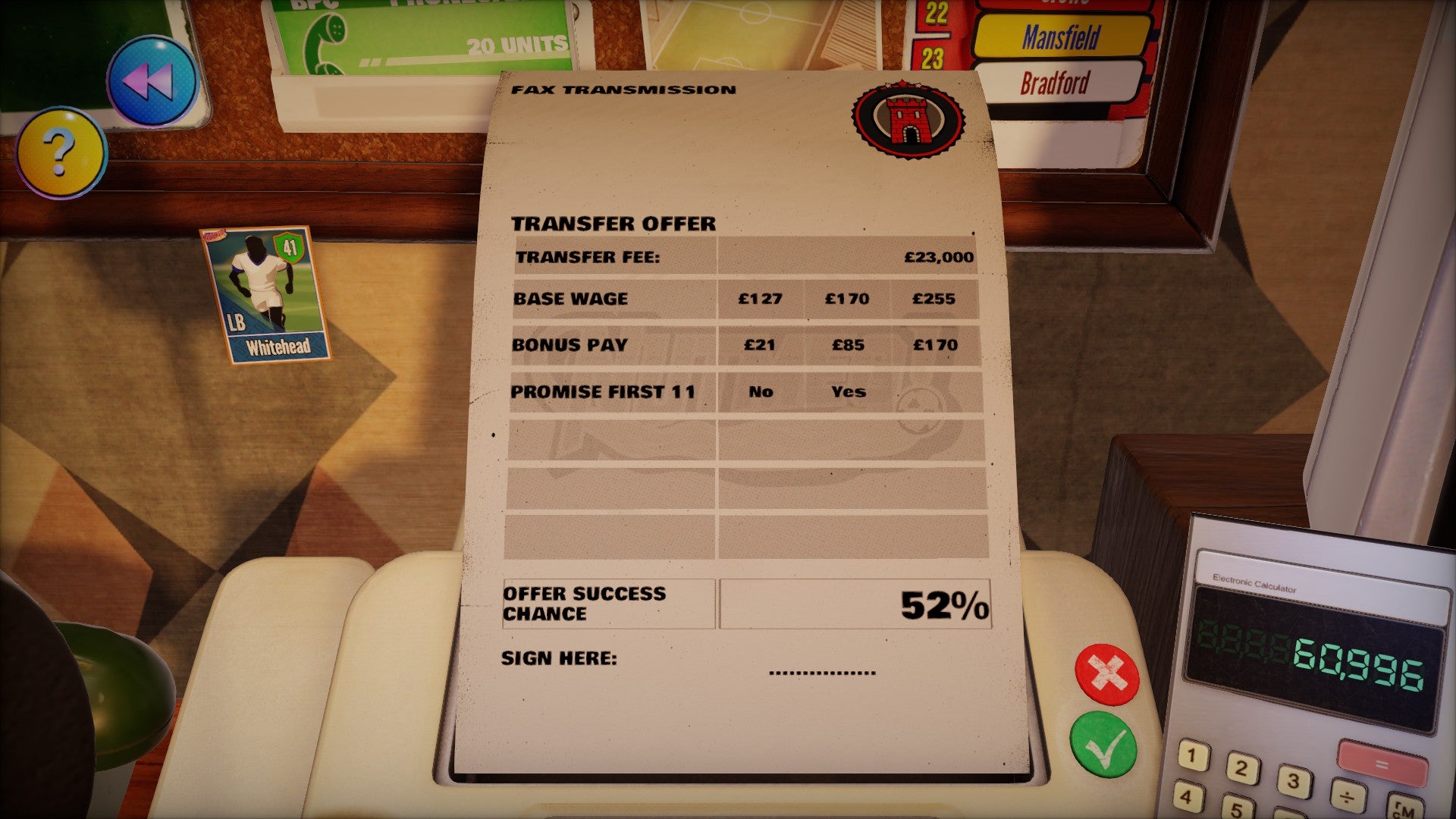 A close-up of a fax machine as a piece of paper goes into it that is negotiating the buying of a football player.