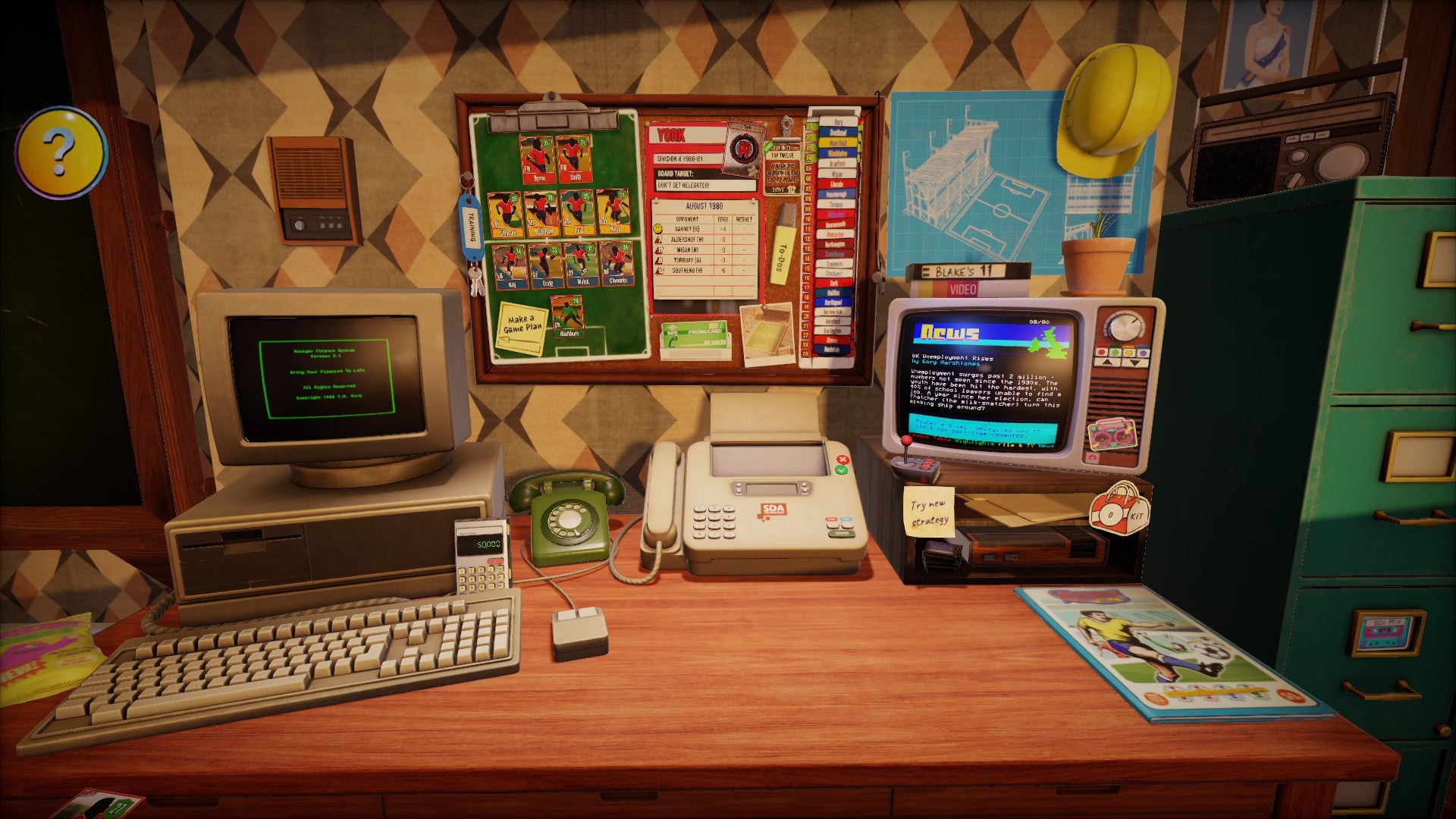A vintage-looking office in a football management game. On the wooden desk is an old computer, an old TV with a ceefax display on it, a fax machine, a turn-dial phone, and there's a notice board and filing cabinet nearby.