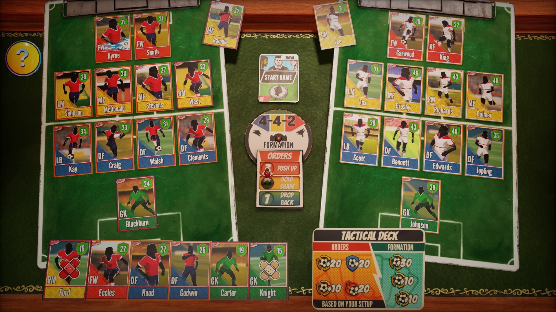 A desk on which are laid two complete football team's worth of player cards, each with little scores on them.