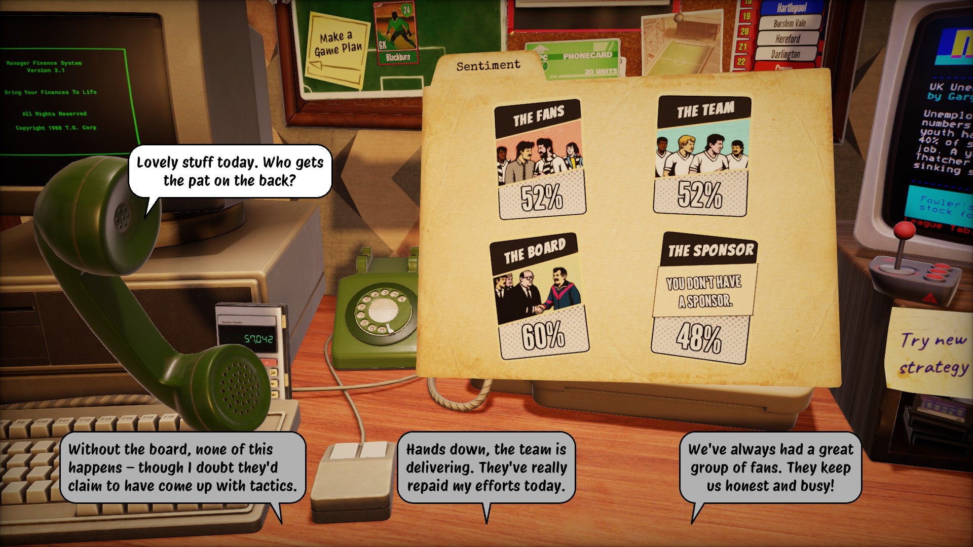 An old-style phone receiver is head up to the screen with a dialogue box near it and dialogue boxes for the player to choose. We're trying to decide who to praise for winning a football match.