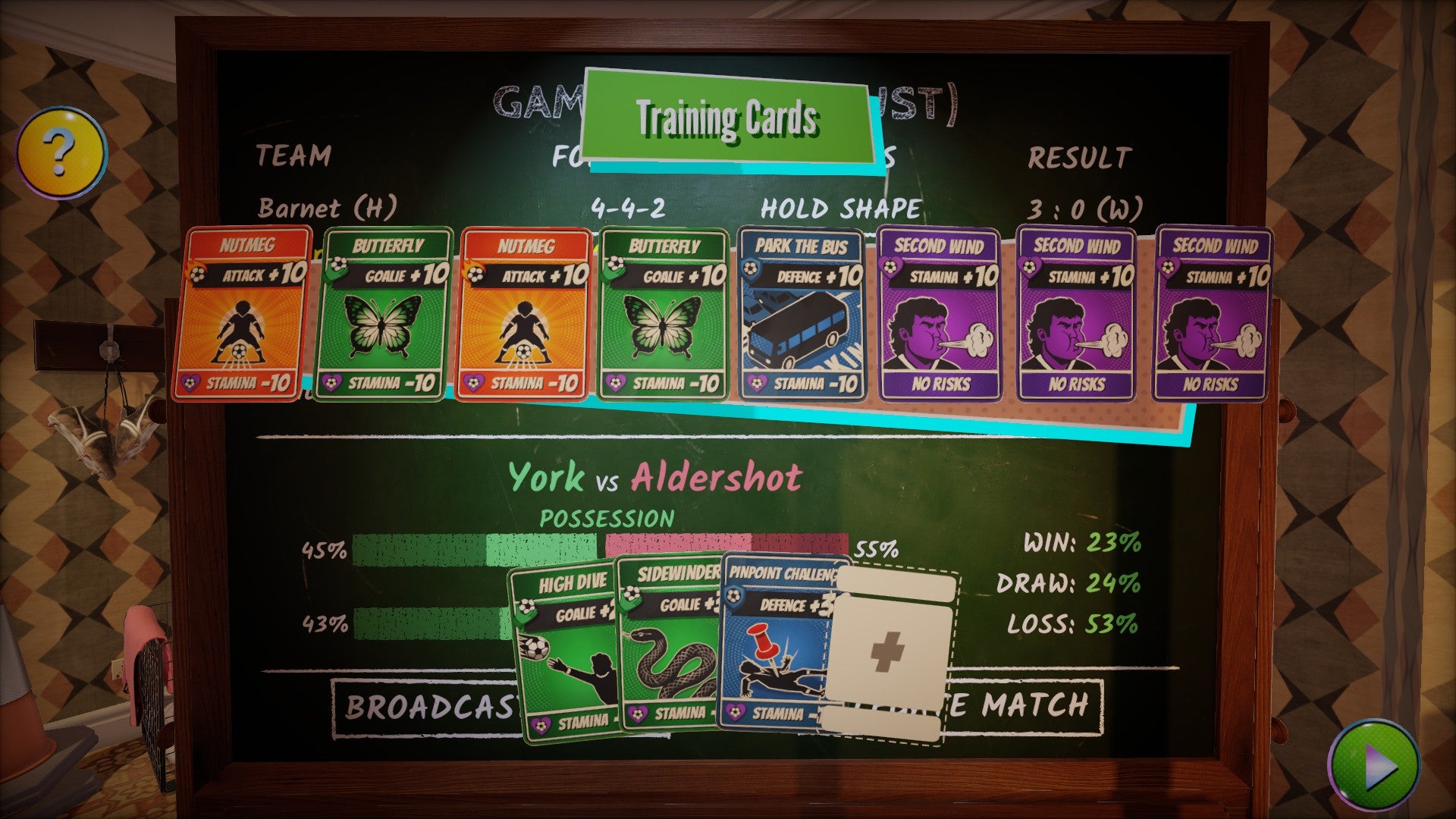 A pack of cards is opened that offers a variety of buffs to attacking and defending and other such football things.