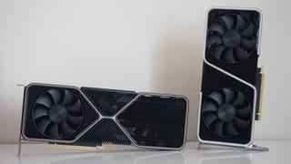 A photo of Nvidia's GeForce RTX 3080 Founders Edition graphics card next to the RTX 3070 Founders Edition