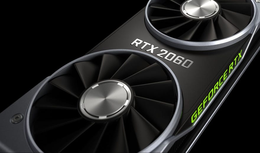 A close-up render of the Nvidia GeForce RTX 2060, against a black background.