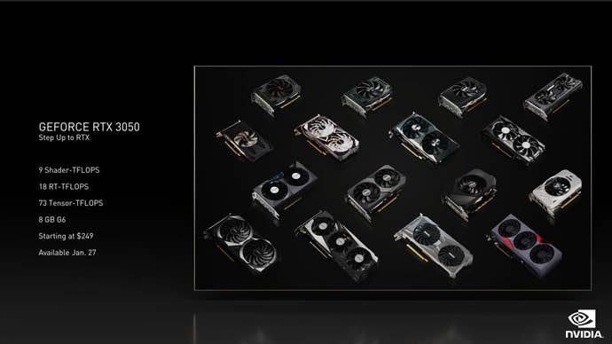 A collage of RTX 3050 partner cards, next to the GPU’s main specs.