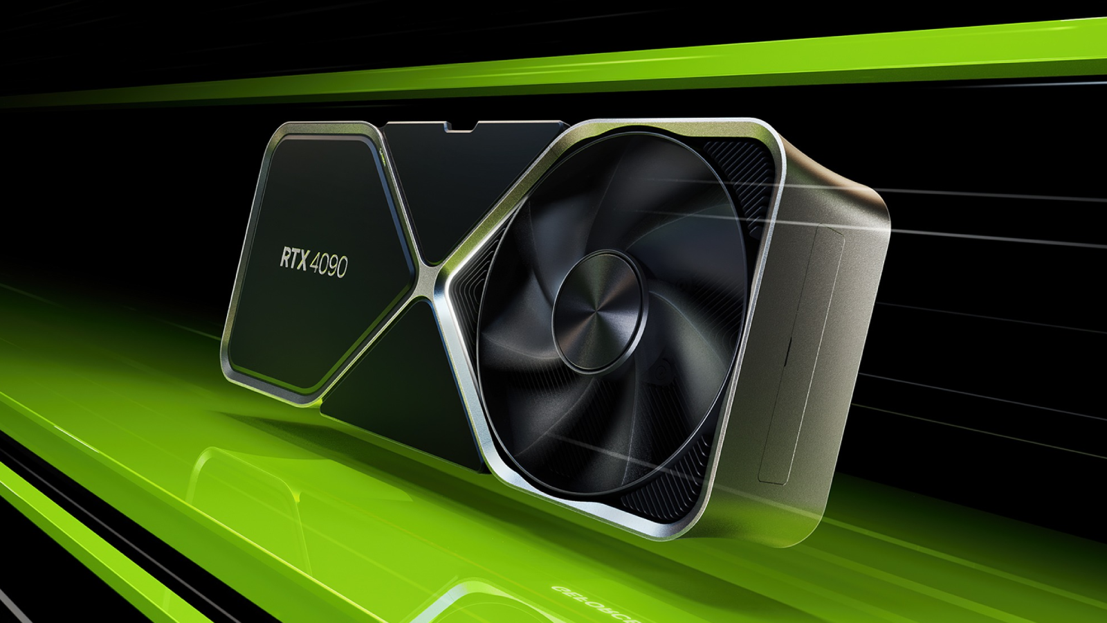 Nvidia 4090 graphics card on a bright green and black background