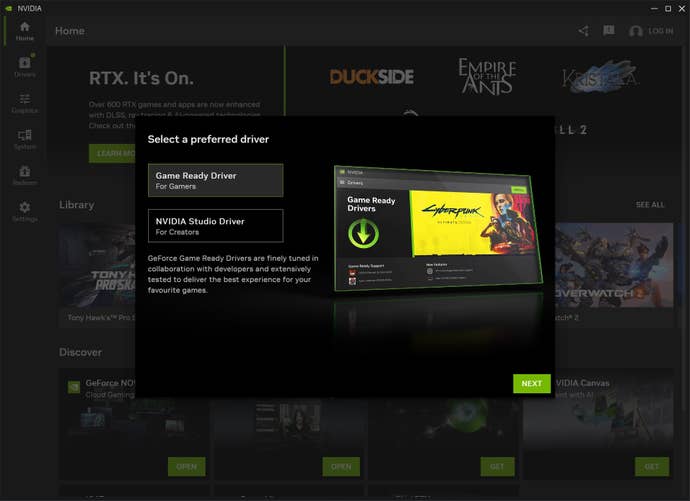 A screenshot of Nvidia’s new app, asking if you’re using the software for productivity or gaming.