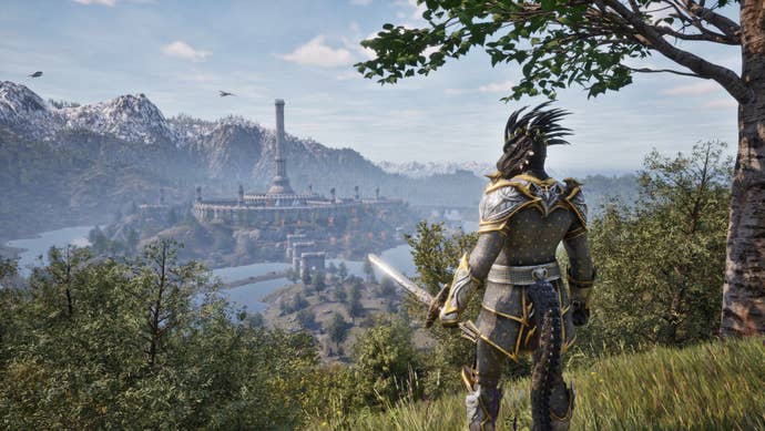 An argonian stands in armor and holds a sword while overlooking an expansive vista in The Elder Scrolls IV: Oblivion Remastered.