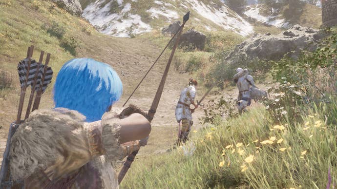 Oblivion Blue Hair Wood Elf attacking the marauders at the Château de Battlehorn
