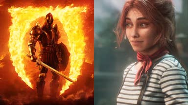 Elder Scrolls Oblivion artwork of knight in front of flaming portal, next to Clair Obscur character with long red hair and French-style outfit