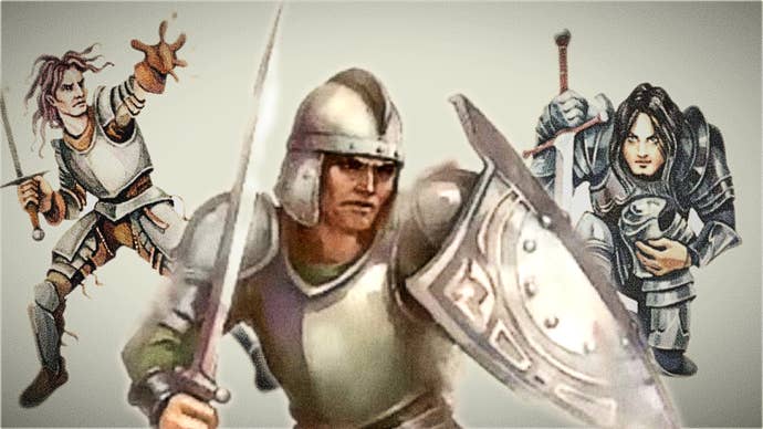 An image showing drawings of three pre-determined classes in The Elder Scrolls IV: Oblivion, including the spellsword, knight, and warrior. The king’s image is from The Elder Scrolls IV: Oblivion Remastered, while the other two are from the original game.