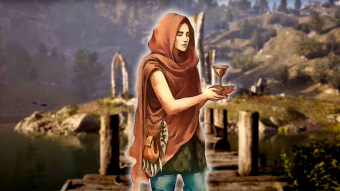 Artwork of the healer class in The Elder Scrolls IV: Oblivion, holding a cup and juxtaposed against forest ruins.