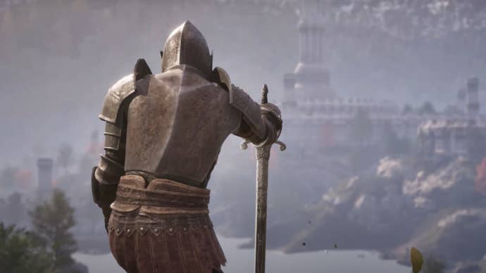 A knight in armor kneels before a faraway castle in The Elder Scrolls IV: Oblivion Remastered.