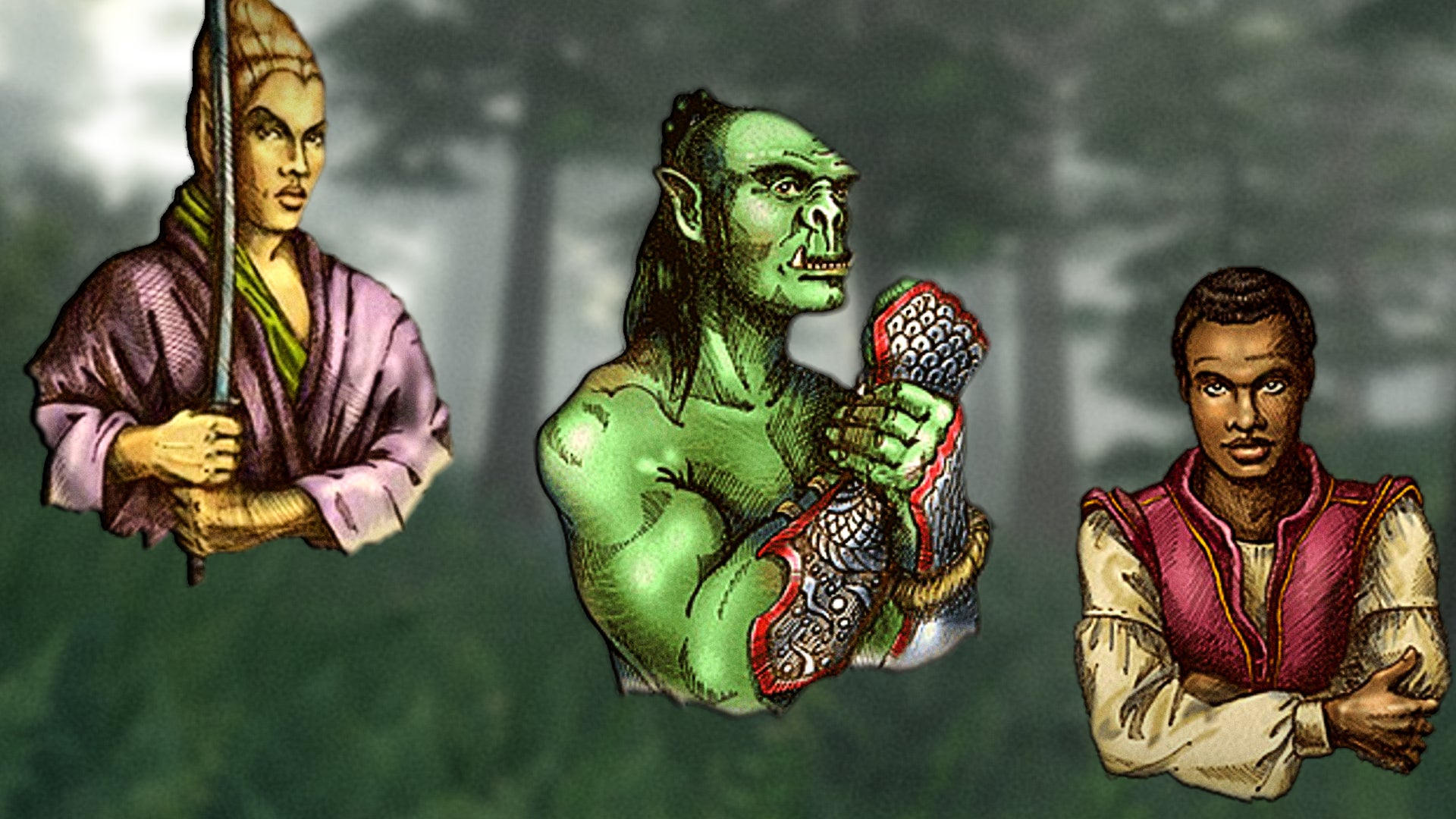 Three pieces of character art from The Elder Scrolls IV: Oblivion, showing a high elf, an orc, and a redguard. - 14