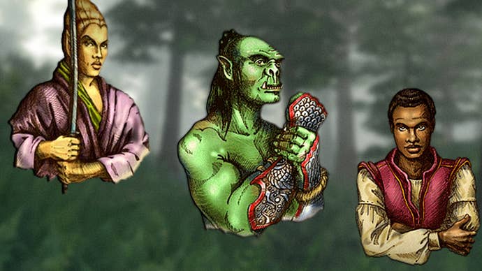 Three pieces of character art from The Elder Scrolls IV: Oblivion, showing a high elf, an orc, and a redguard.