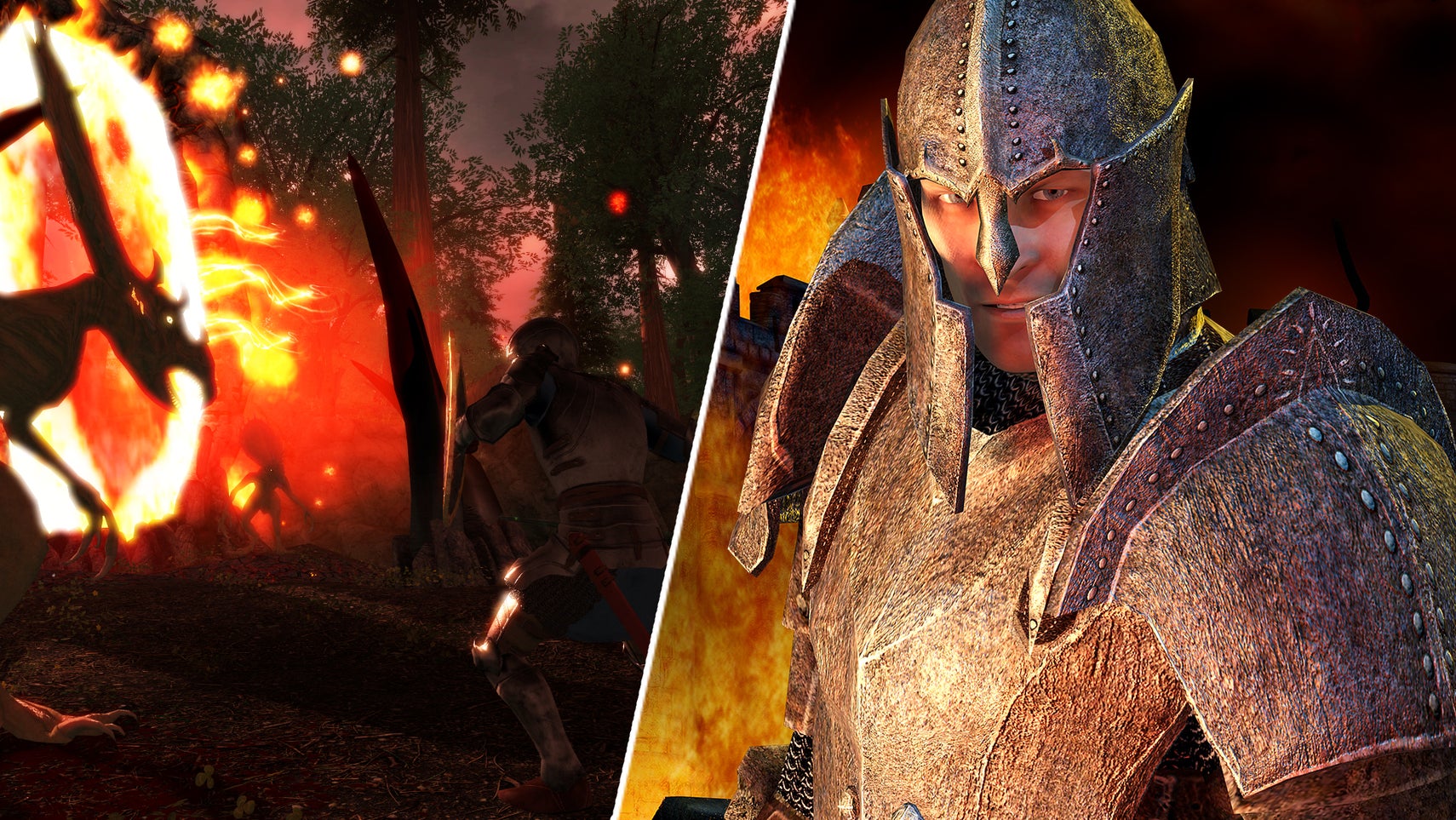 The Hero of Kvatch on the cover of The Elder Scrolls 4: Oblivion, opposite a battle outside an Oblivion gate in Skyblivion. - 1