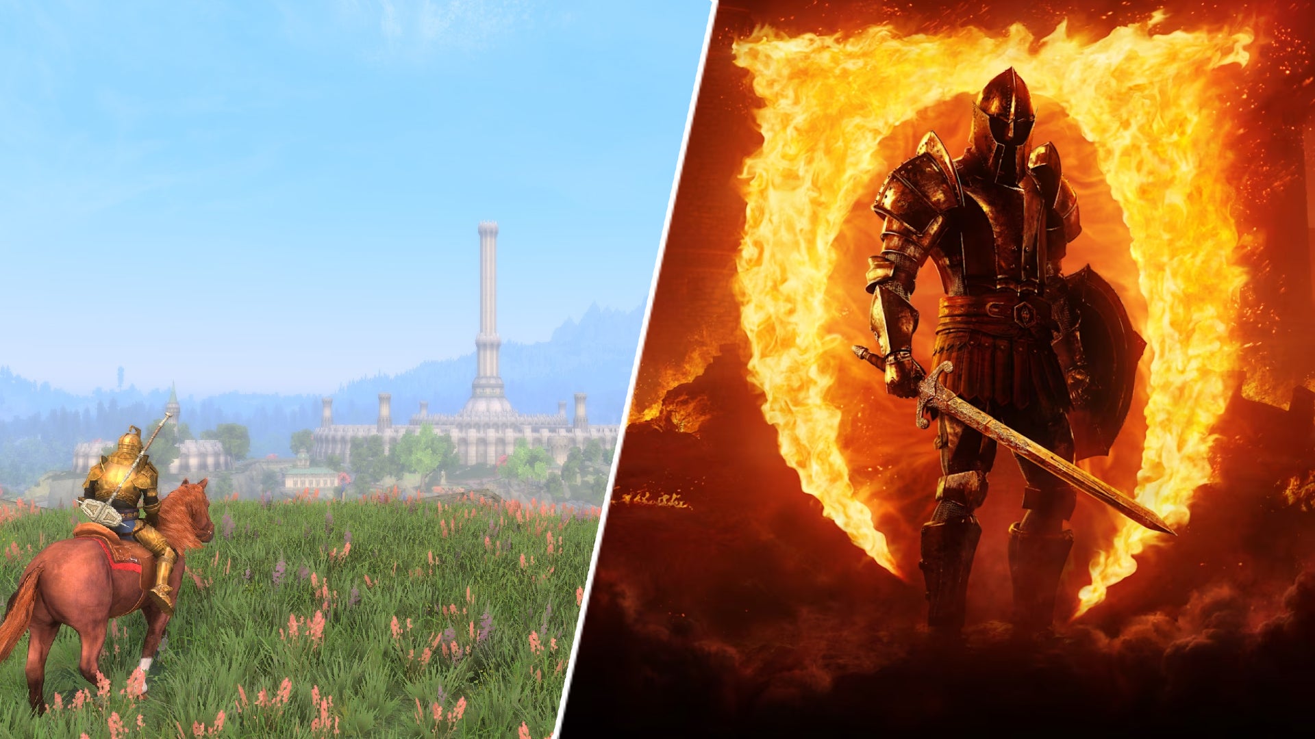 The cover art for The Elder Scrolls IV: Oblivion Remastered opposite a player riding towards the Imperial City in Skyblivion.