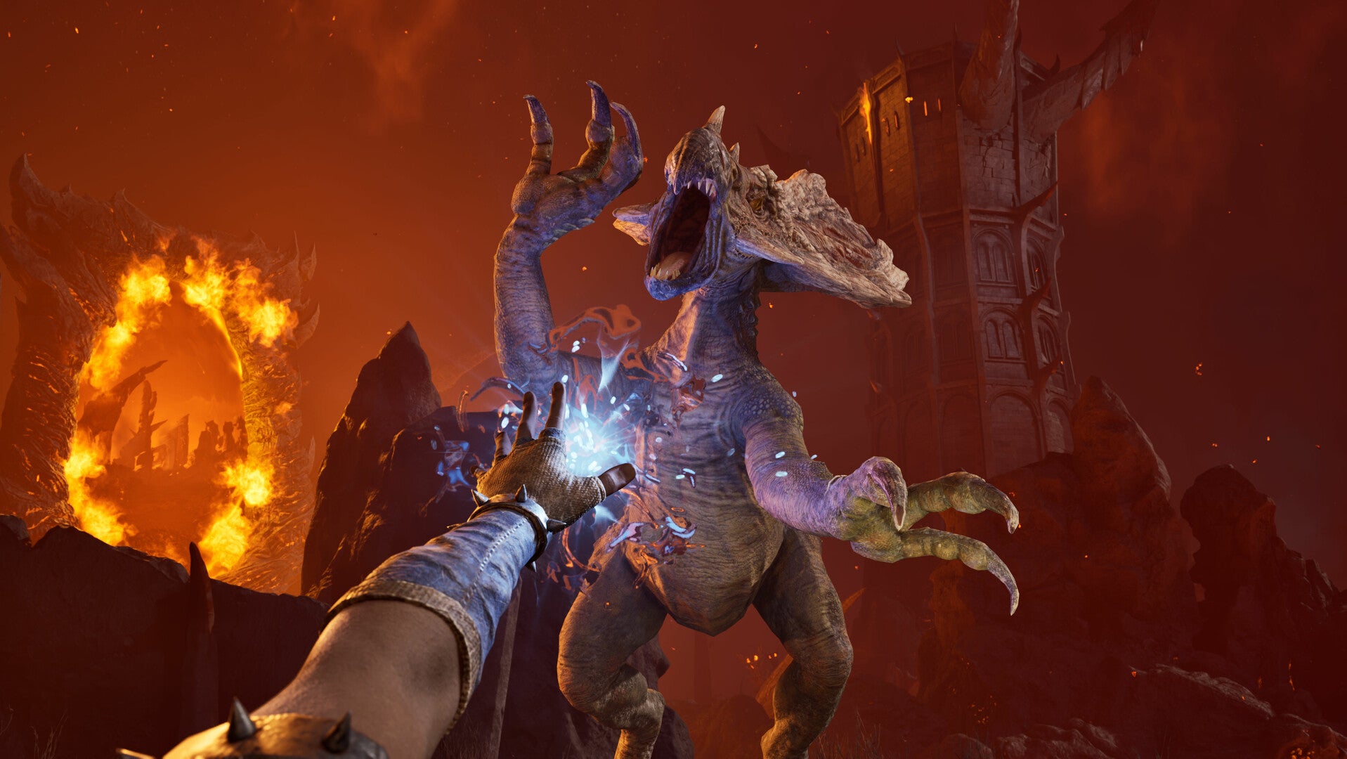 A hero in The Elder Scrolls IV: Oblivion Remastered shoots a spell at a Daedric enemy in the Plane of Oblivion. - 4