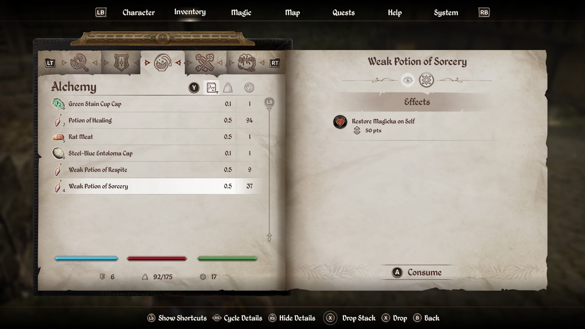 oblivion remastered alchemy inventory menu potion details