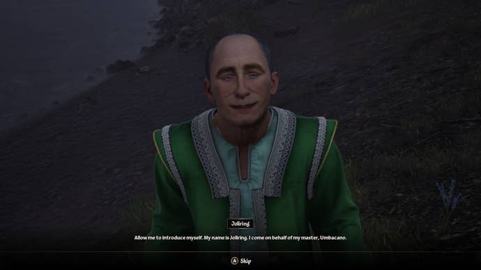 Jollring inviting the player to visit Umbacano, the Ayleid Statue collector, in Oblivion Remastered.