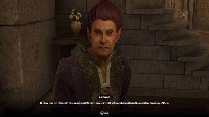 Umbacano, the Ayleid Statue collector, detailing his offer to the player in Oblivion Remastered.