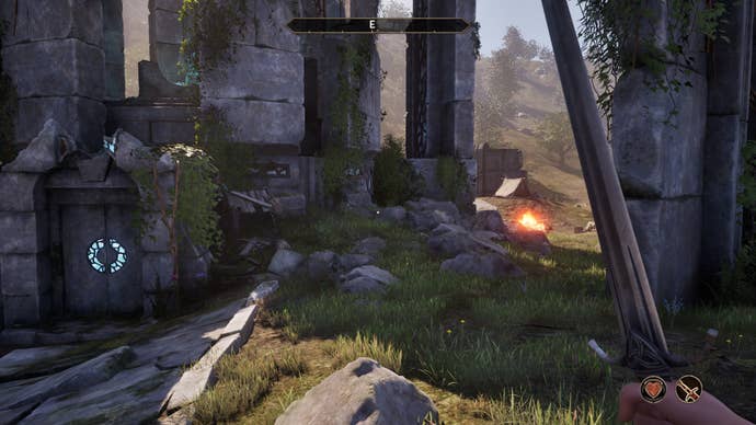 A sword-carrying warrior exploring an ancient ruin in Oblivion Remastered.