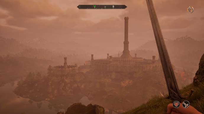 A sword-wielding warrior looking out over the Imperial City in the distance in Oblivion Remastered.