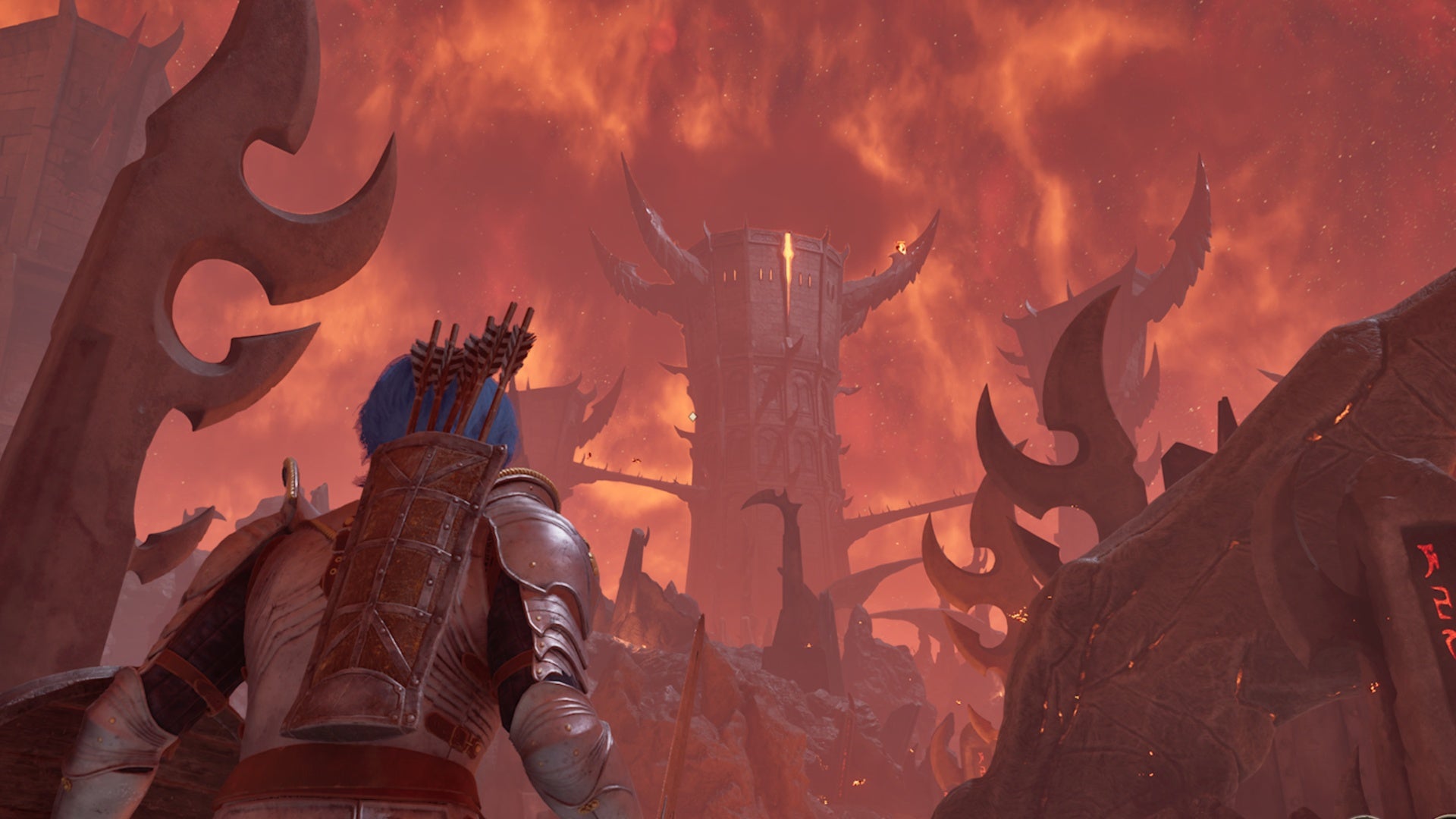 oblivion remastered blue hair elf looking at sigil stone tower in oblivion gate