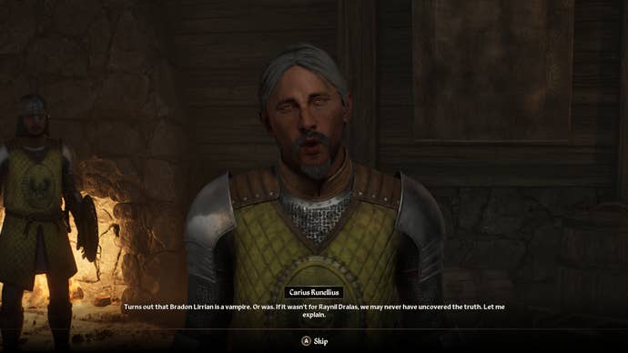 The player questioning Carius, the guard investigating Bradon’s death during the A Brotherhood Betrayed quest in Oblivion Remastered.