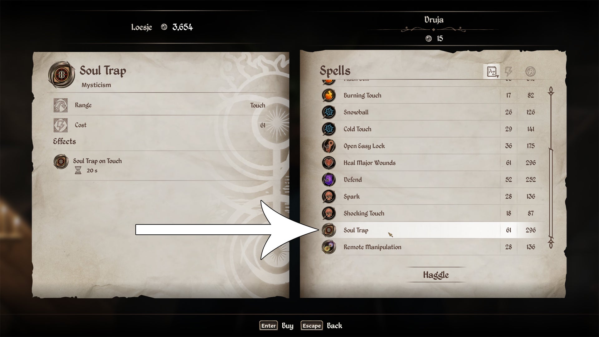 A spell vendor's inventory containing Soul Trap in Oblivion Remastered. - 4