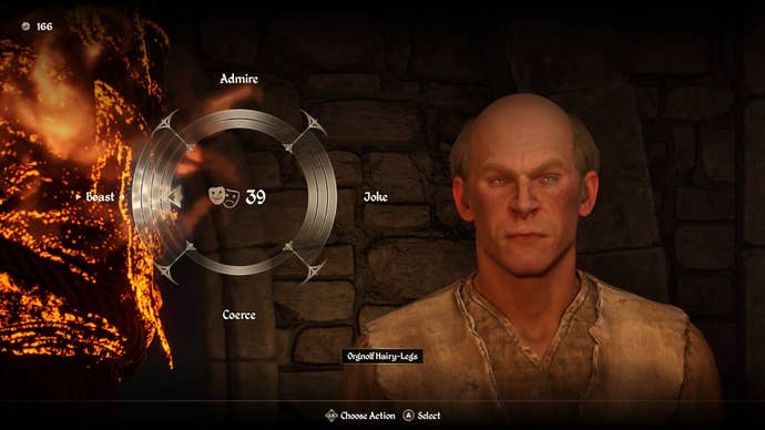 The player using the Persuasion mini-game to raise Orgnolf’s disposition during the Canvas the Castle quest in Oblivion Remastered.