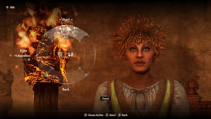 The player using the Persuasion mini-game to raise Chanel’s disposition during the Canvas the Castle quest in Oblivion Remastered.