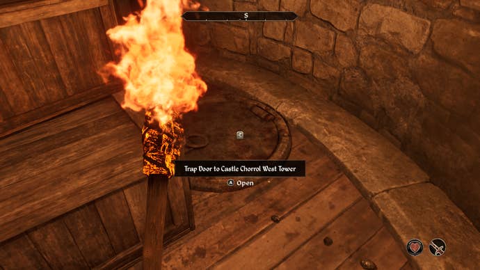 The player discovering a trap door in the west tower during the Canvas the Castle quest in Oblivion Remastered.