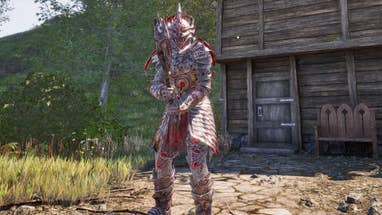 A player wearing a full Daedric Armor set in Oblivion Remastered.