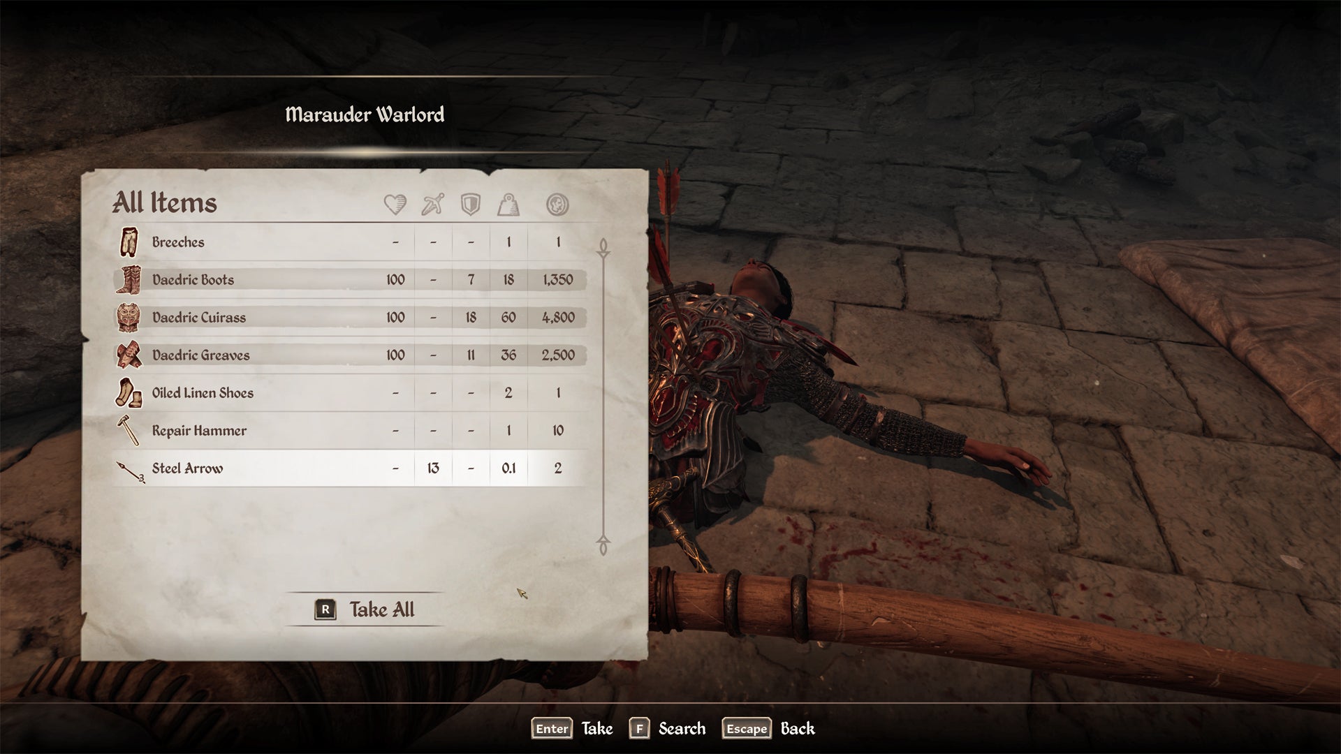 A player looting Daedric Armor from a Marauder Warlord in Oblivion Remastered. - 4