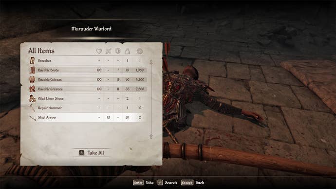 Un jugador saqueando la armadura de Daedric de un señor de la guerra merodeador en el olvido remasterizado.