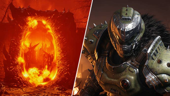 The Doom Slayer in Doom The Dark Ages opposite an Oblivion Gate in Oblivion Remastered.