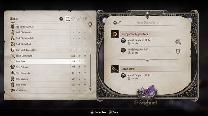 The Sigil Stone menu in Oblivion Remastered showing a Steel Bow being enchanted.