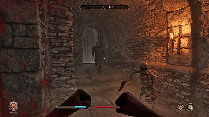 A skeleton attacking a player in a prison cell in Oblivion Remastered.