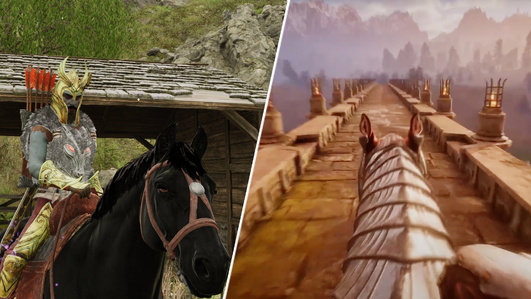 The first-person horse riding teased in Oblivion Remastered's trailer, opposite my Oblivion character on a horse. - 1
