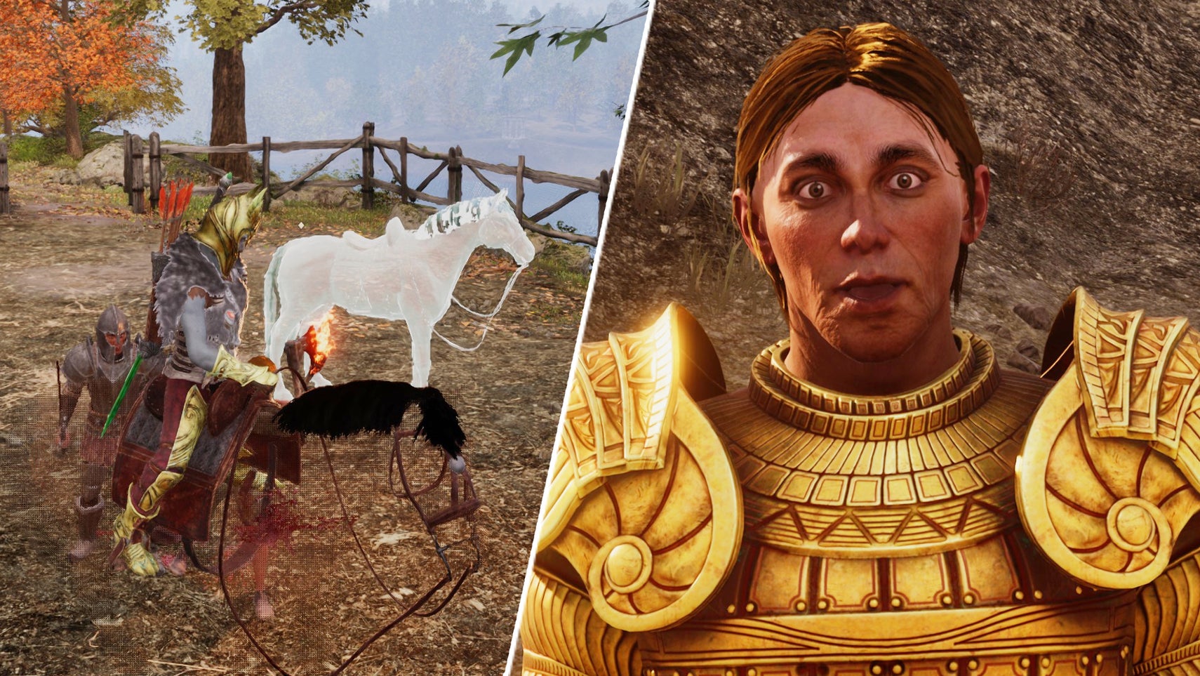 My character riding an invisible horse in Oblivion Remastered next to Pinarus Inventius going full poggers. - 1