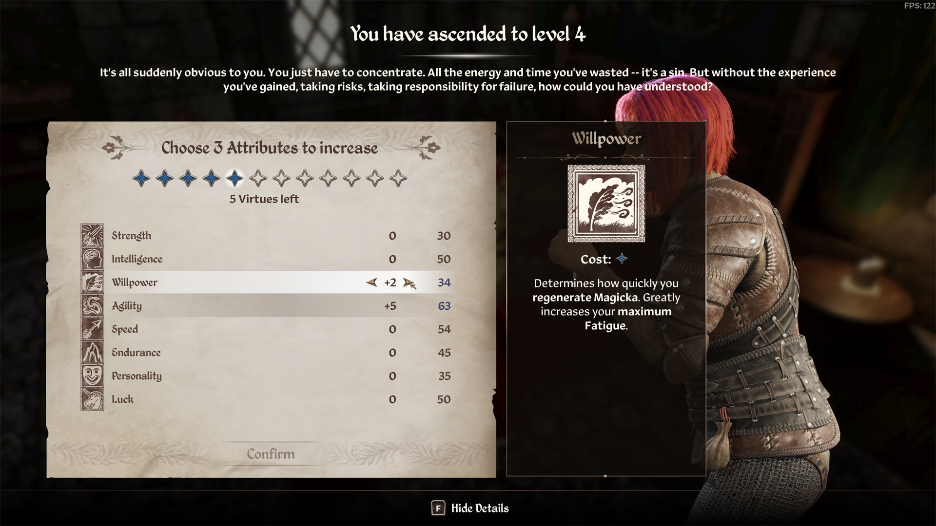 The virtue point allocation menu in Oblivion Remastered. - 6