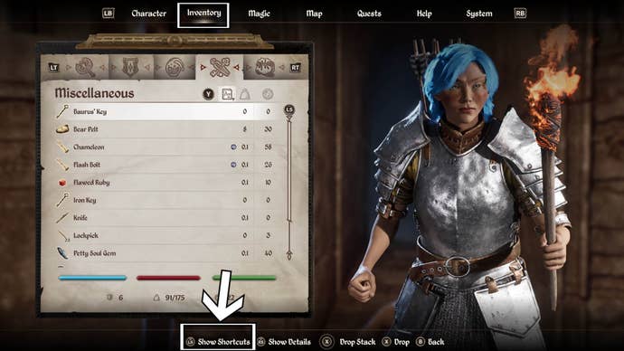 oblivion remastered inventory menu shortcut option highlighted