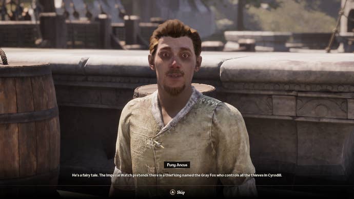 Puny Ancus discussing the Gray Fox and Thieves Guild in Oblivion Remastered.