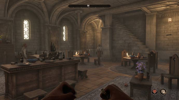 The player character entering an inn to rest and level up in Oblivion Remastered