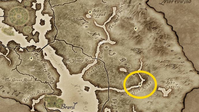 A map image showing where to find Peryite’s Shrine in Oblivion Remastered