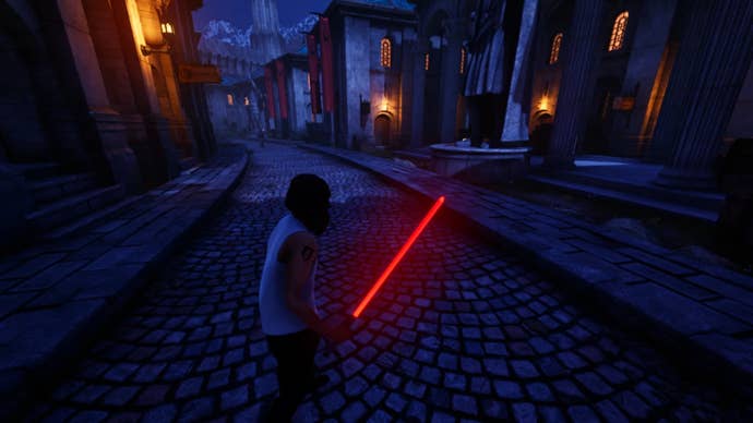 The subordinate wielding a reddish lightsaber successful Oblivion Remastered.