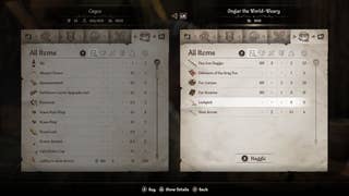 Ognar the World-Weary's inventory - featuring lockpicks - in Oblivion Remastered.
