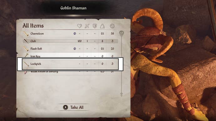 oblivion remastered lockpick highlighted goblin shaman inventory