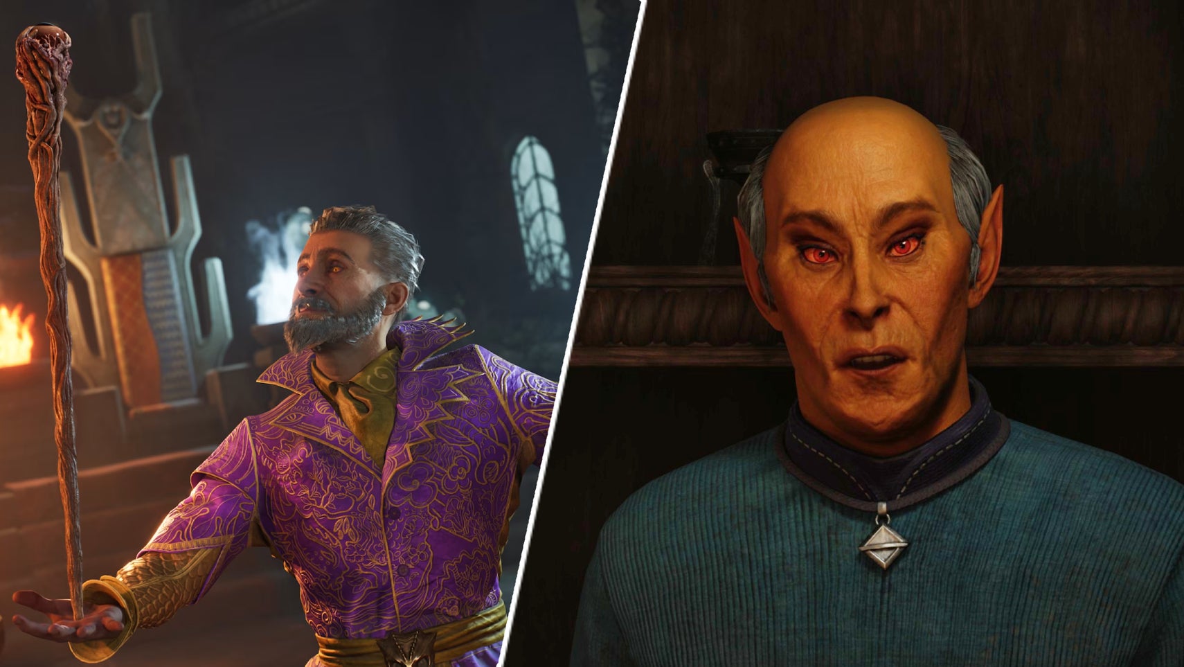 A character from Oblivion Remastered's Mages Guild opposite Sheogorath holding a staff. - 1